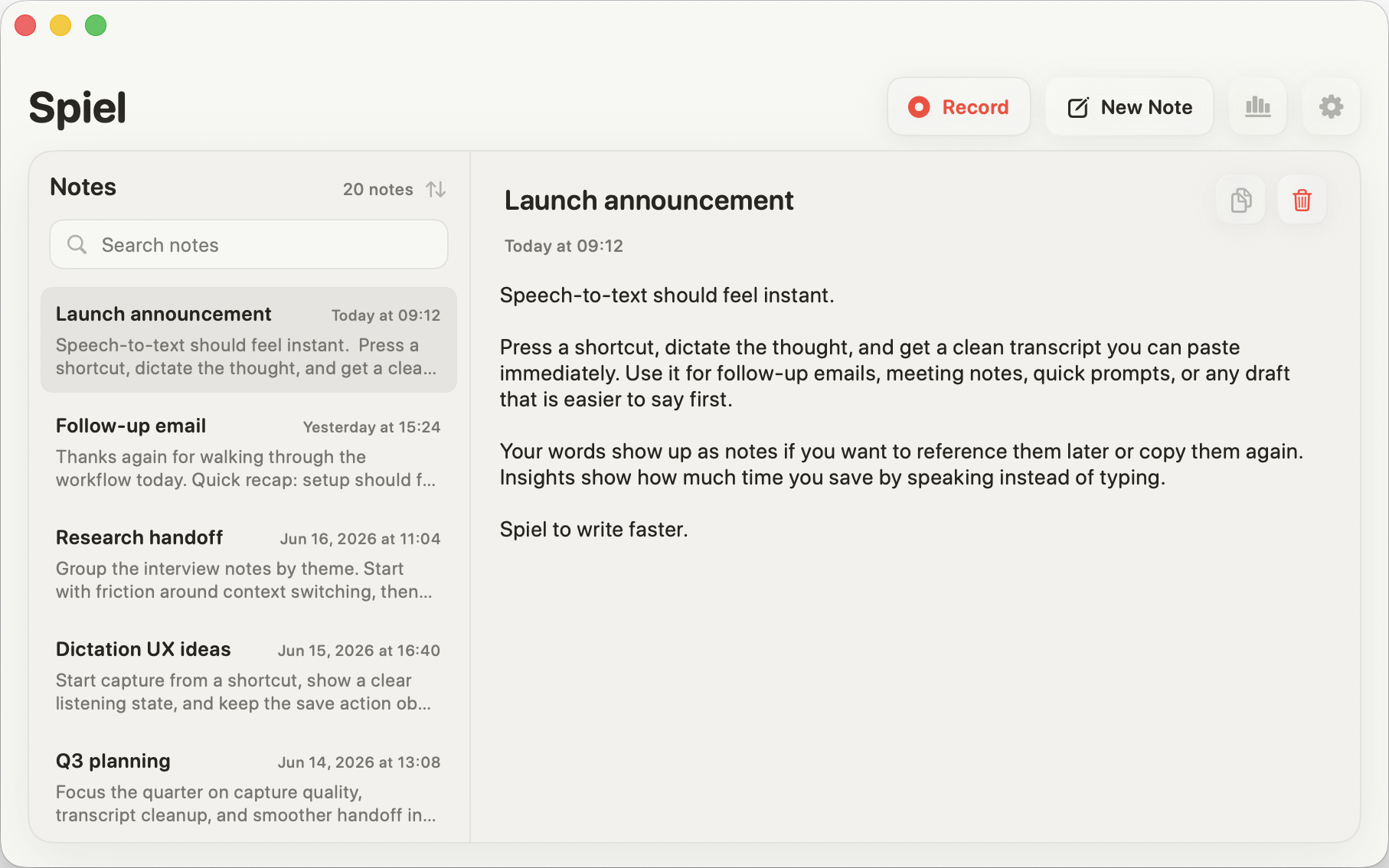 Spiel notes window with a saved dictated note